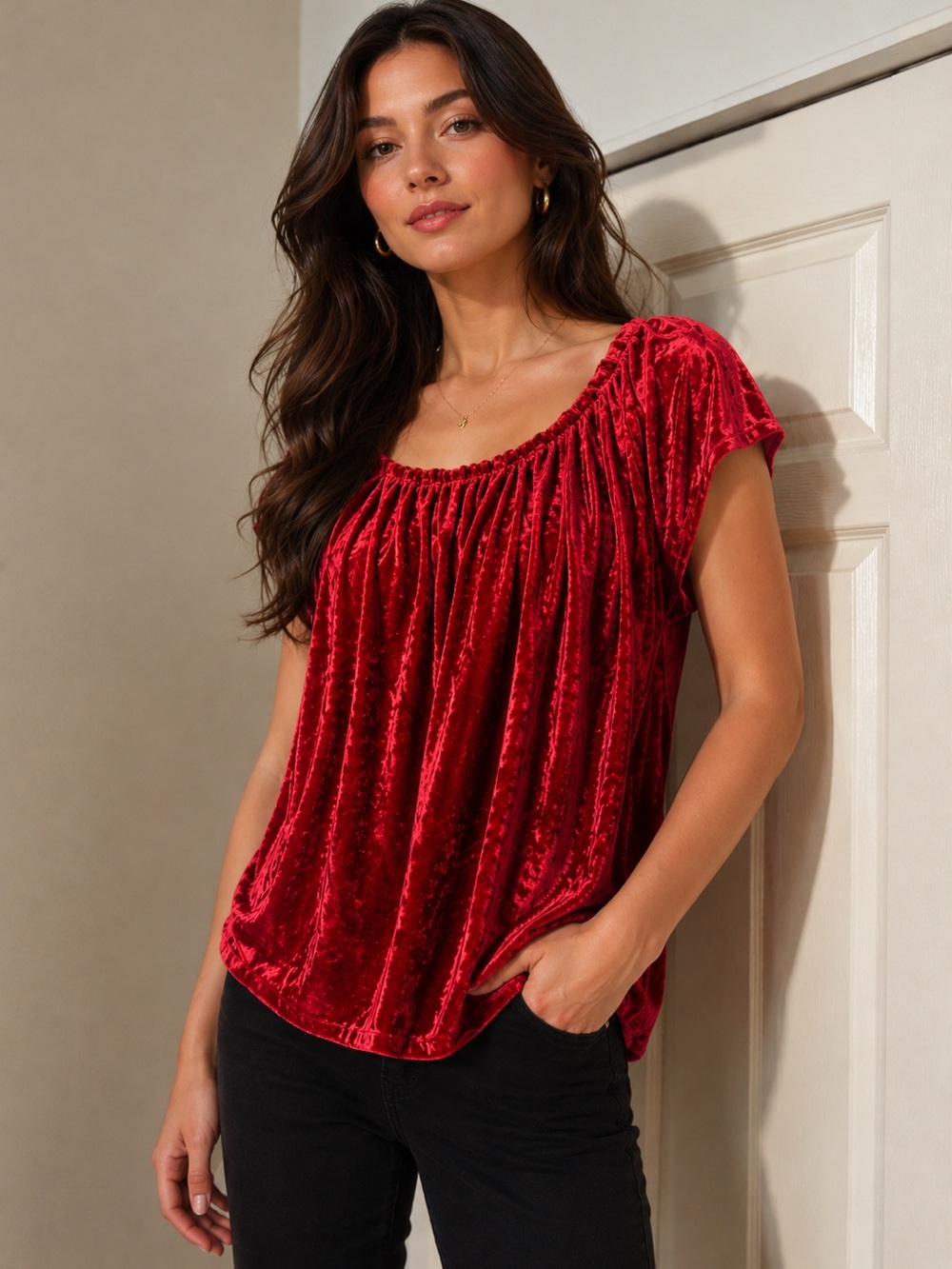 LC Lauren Conrad Red Velour Velvet Blouse Size M Crushed Velvet Top